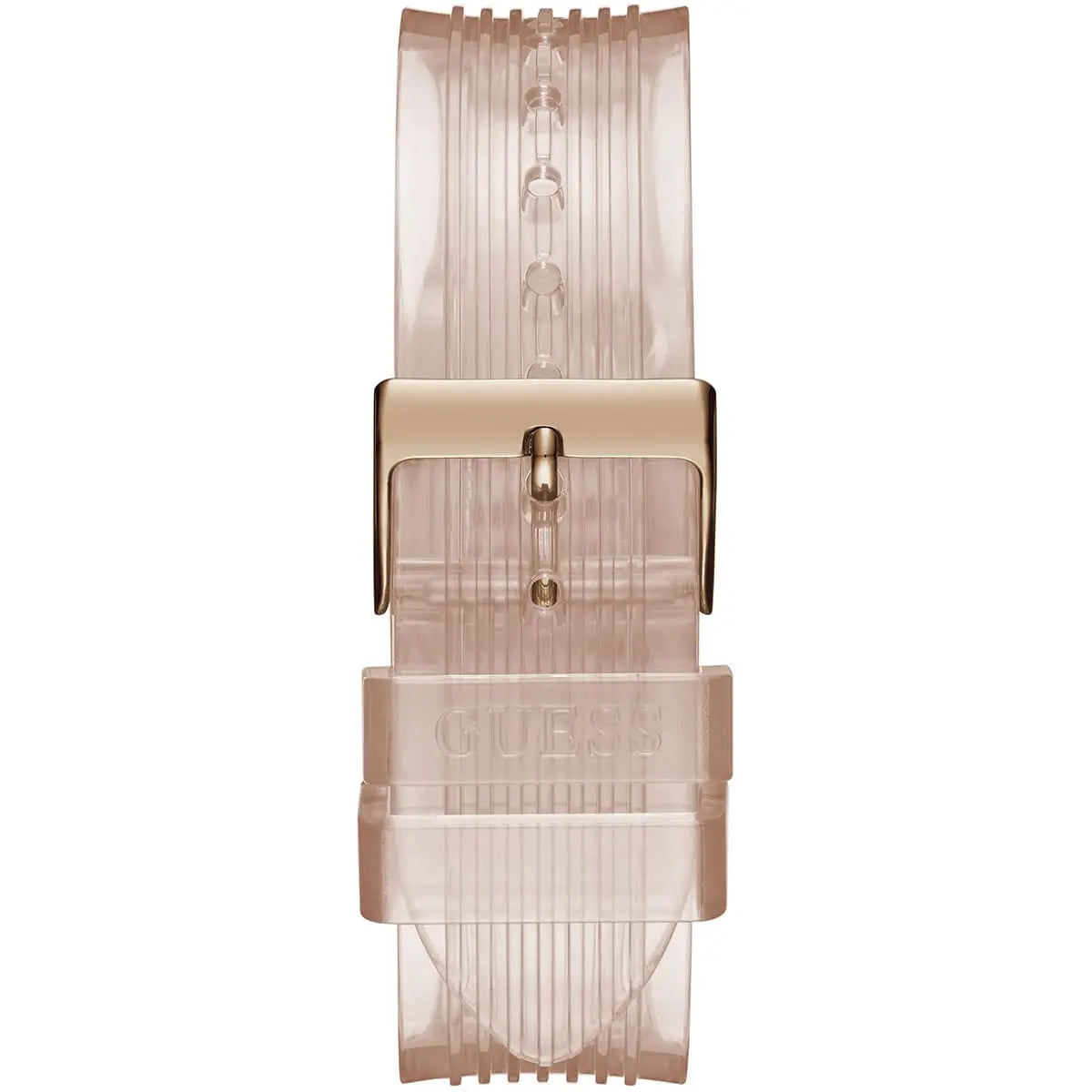 Guess Athena rose gold rubber strap with rose gold buckle clasp detail