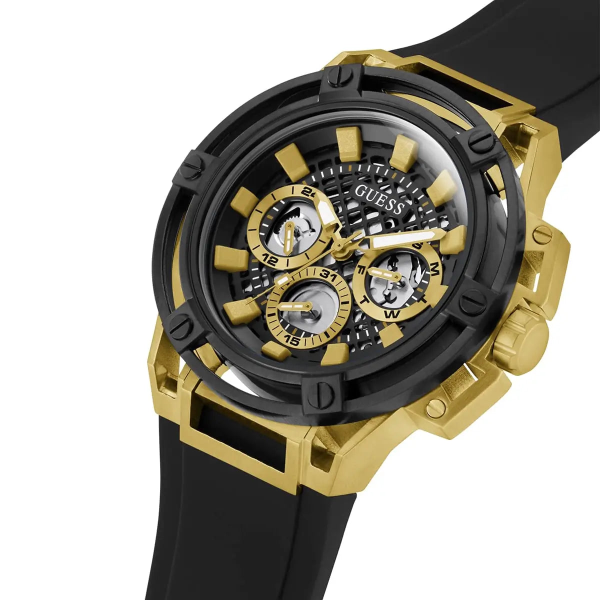Guess Matrix watch side angle view with black rubber strap and gold case detail