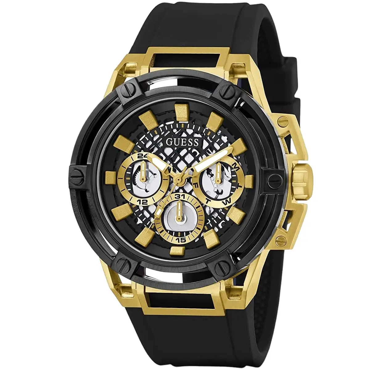 Guess Matrix watch angled view showing gold case, black dial, and chronograph functions