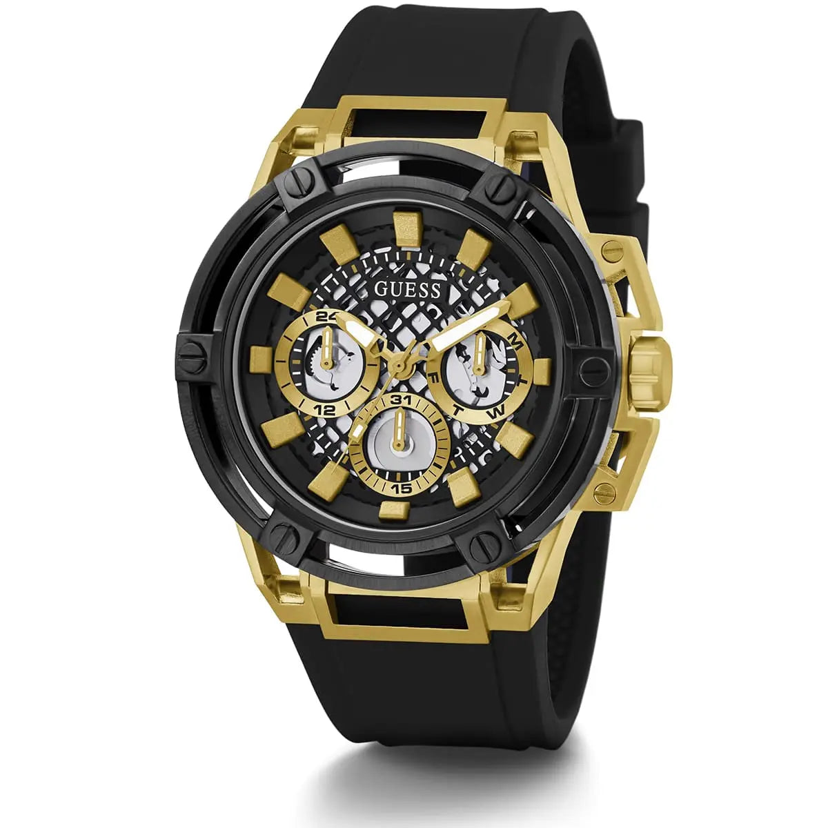 Guess Matrix multifunction chronograph watch with gold dial and black subdials