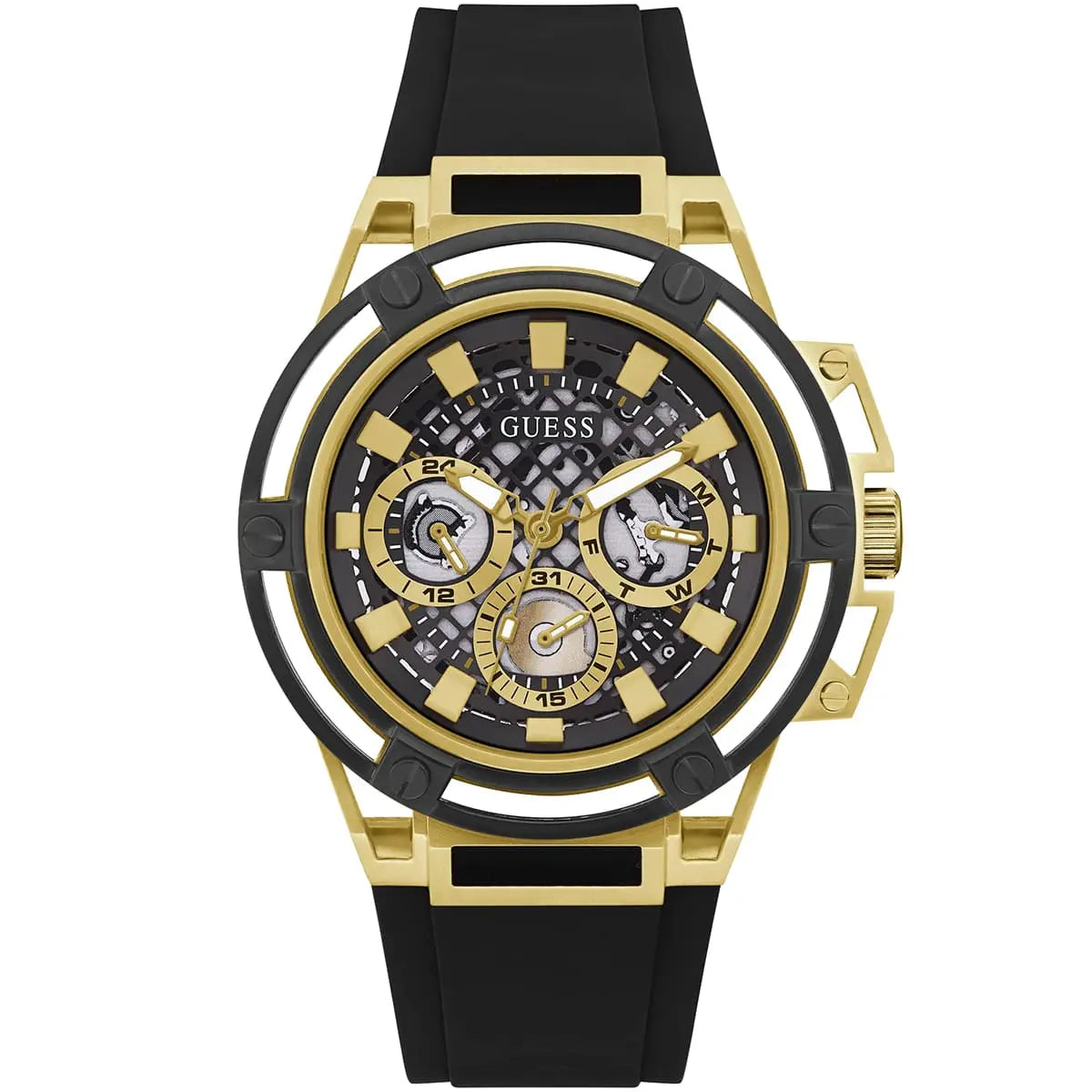 Guess Matrix multifunction watch with gold dial, chronograph subdials, gold case, and black rubber strap