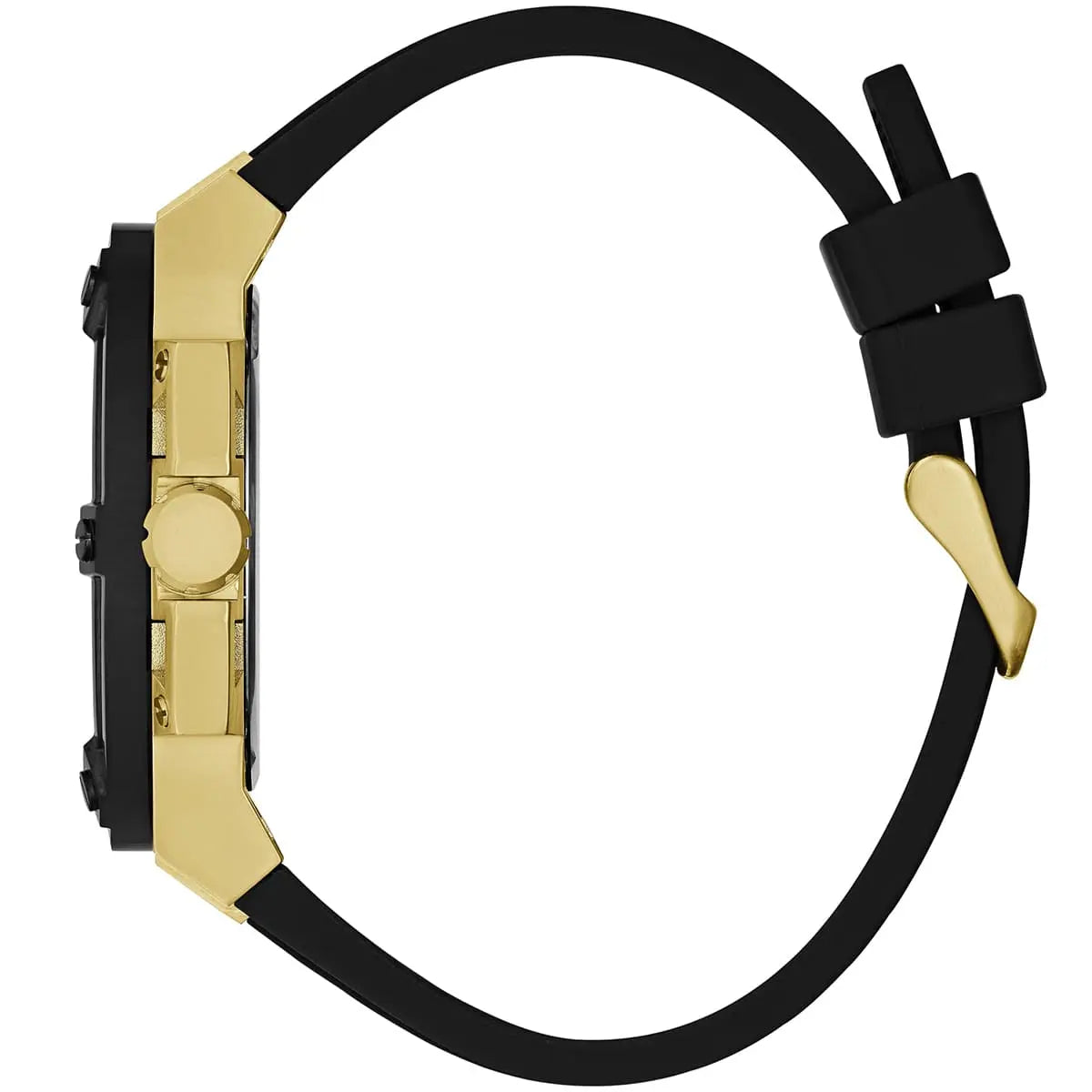 Guess Matrix watch side profile showing black rubber strap with gold buckle clasp