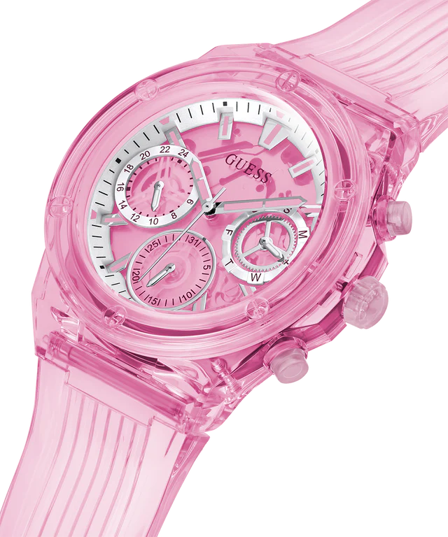 Angled view of Guess GW0438L2 pink transparent case with chronograph subdials and pink strap
