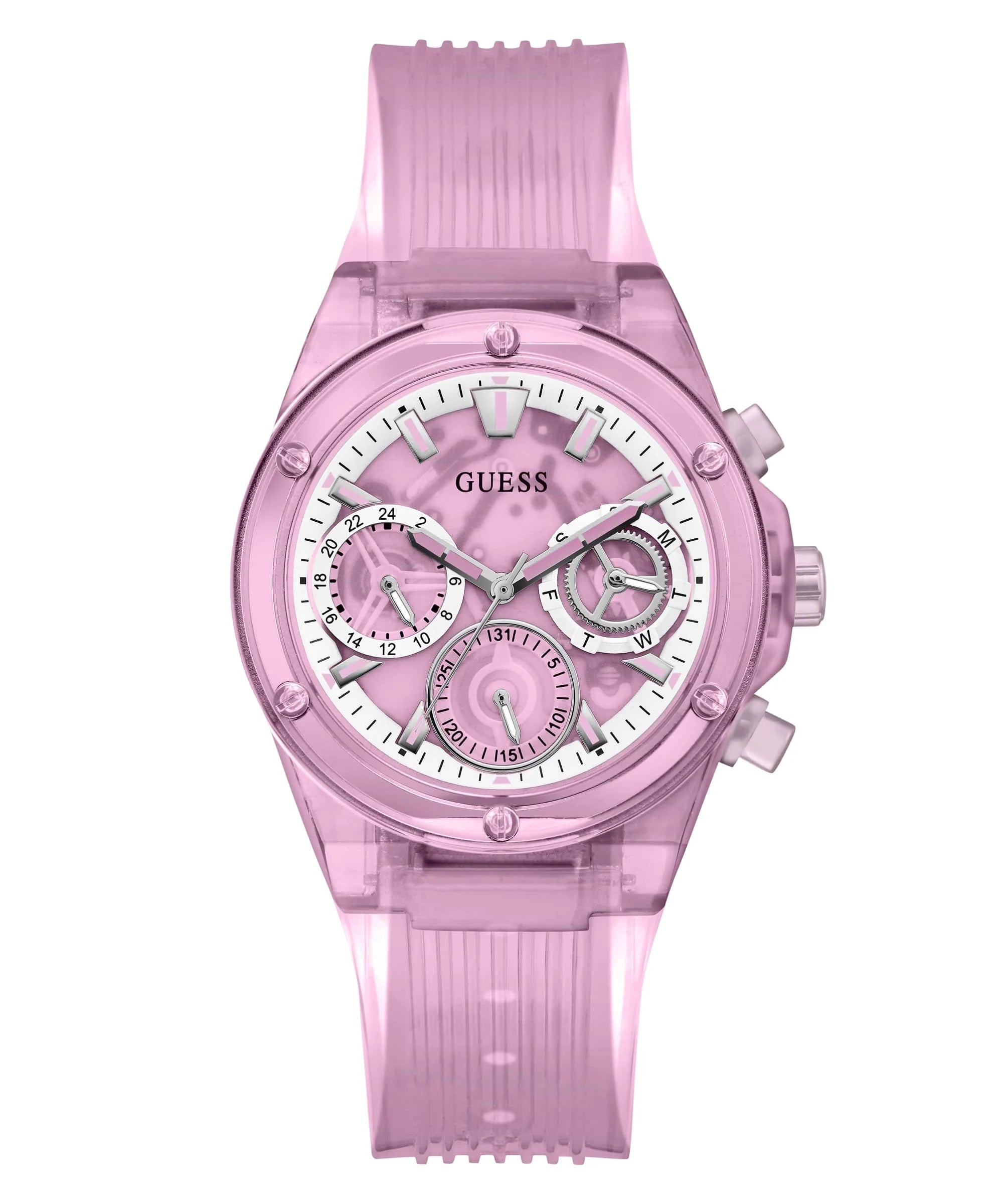 Guess eco-friendly pink women's chronograph watch with transparent case and multi-subdial dial