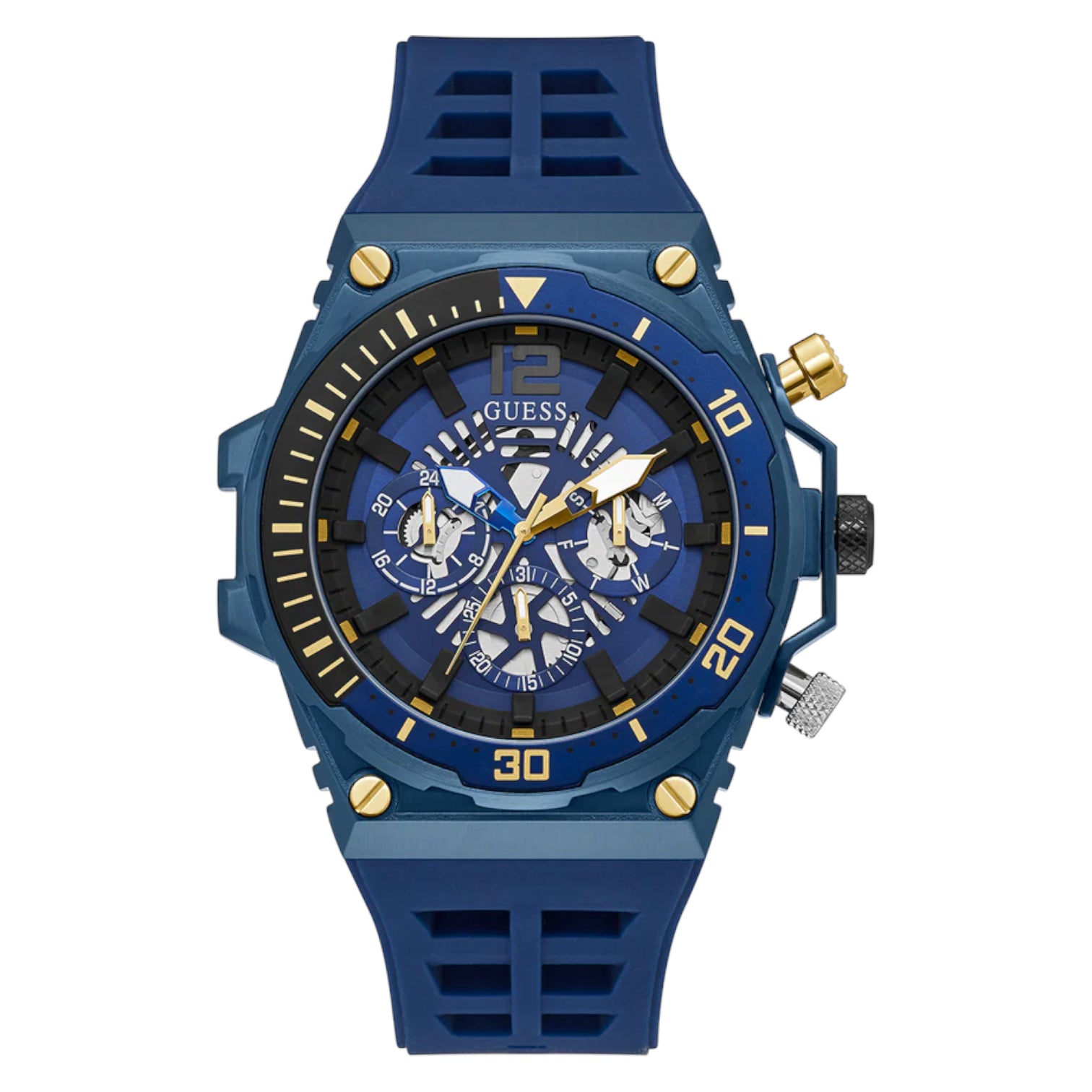 GUESS GW0443G1 blue multifunction watch with exposed skeleton dial and gold accents