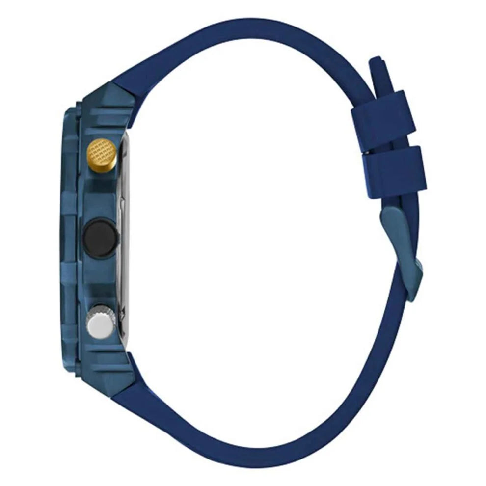 GUESS GW0443G1 blue rubber strap with pusher buttons and watch lug detail