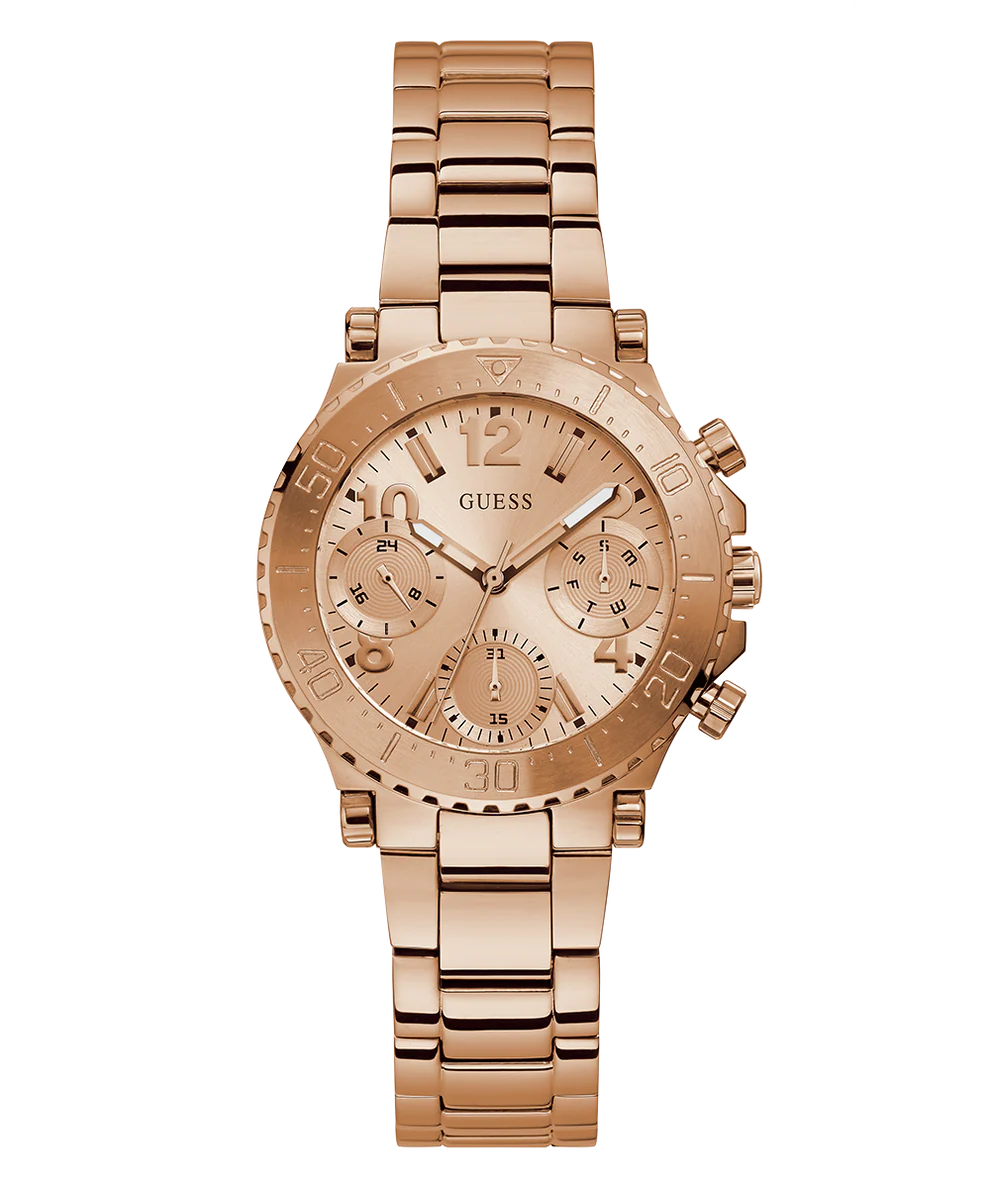 Guess Cosmic rose gold chronograph women's watch with round dial and link bracelet