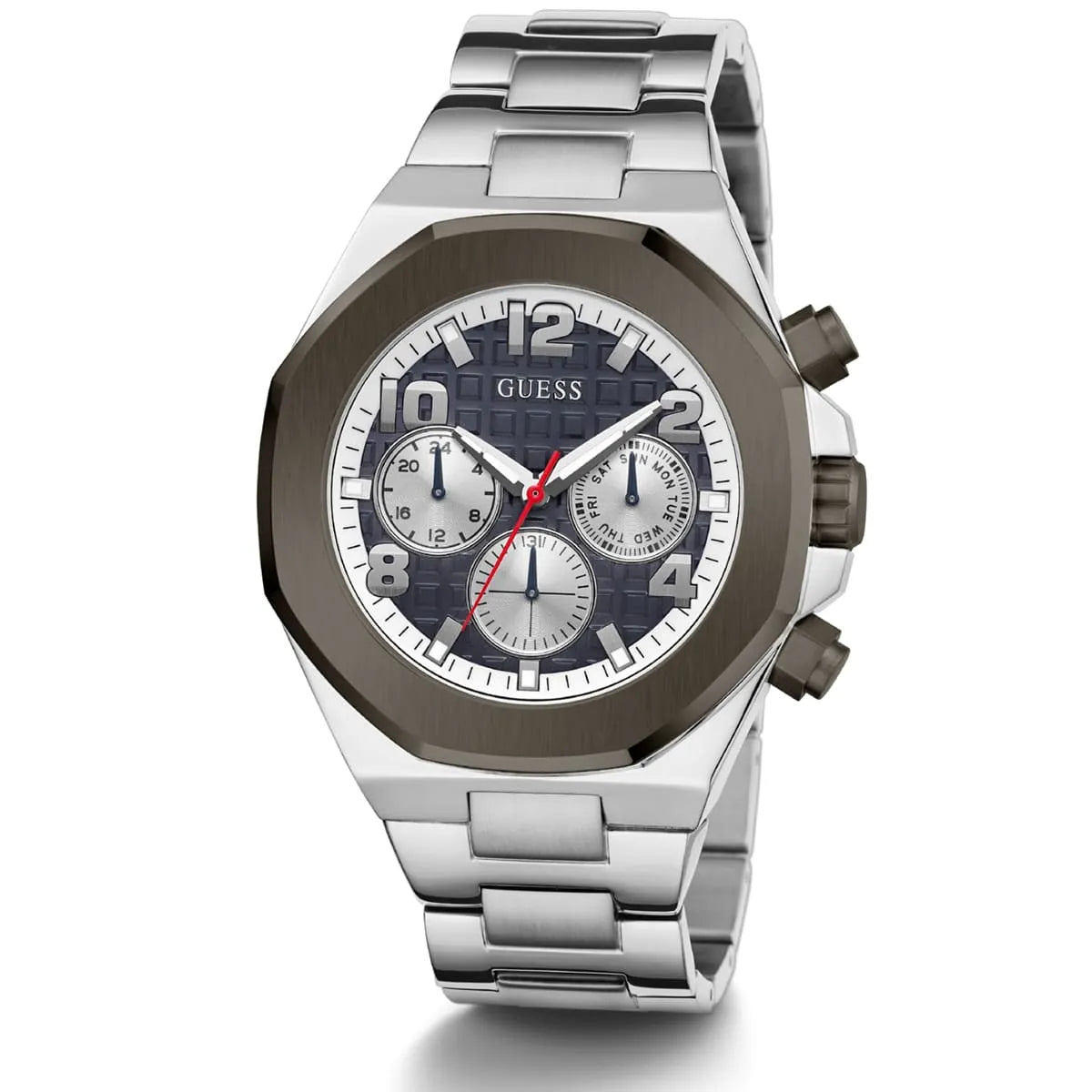 Guess Legacy Chronograph at angle showing three subdials and silver case