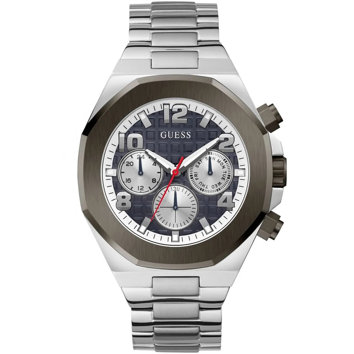 Guess Legacy Chronograph watch front view with blue dial and silver stainless steel bracelet