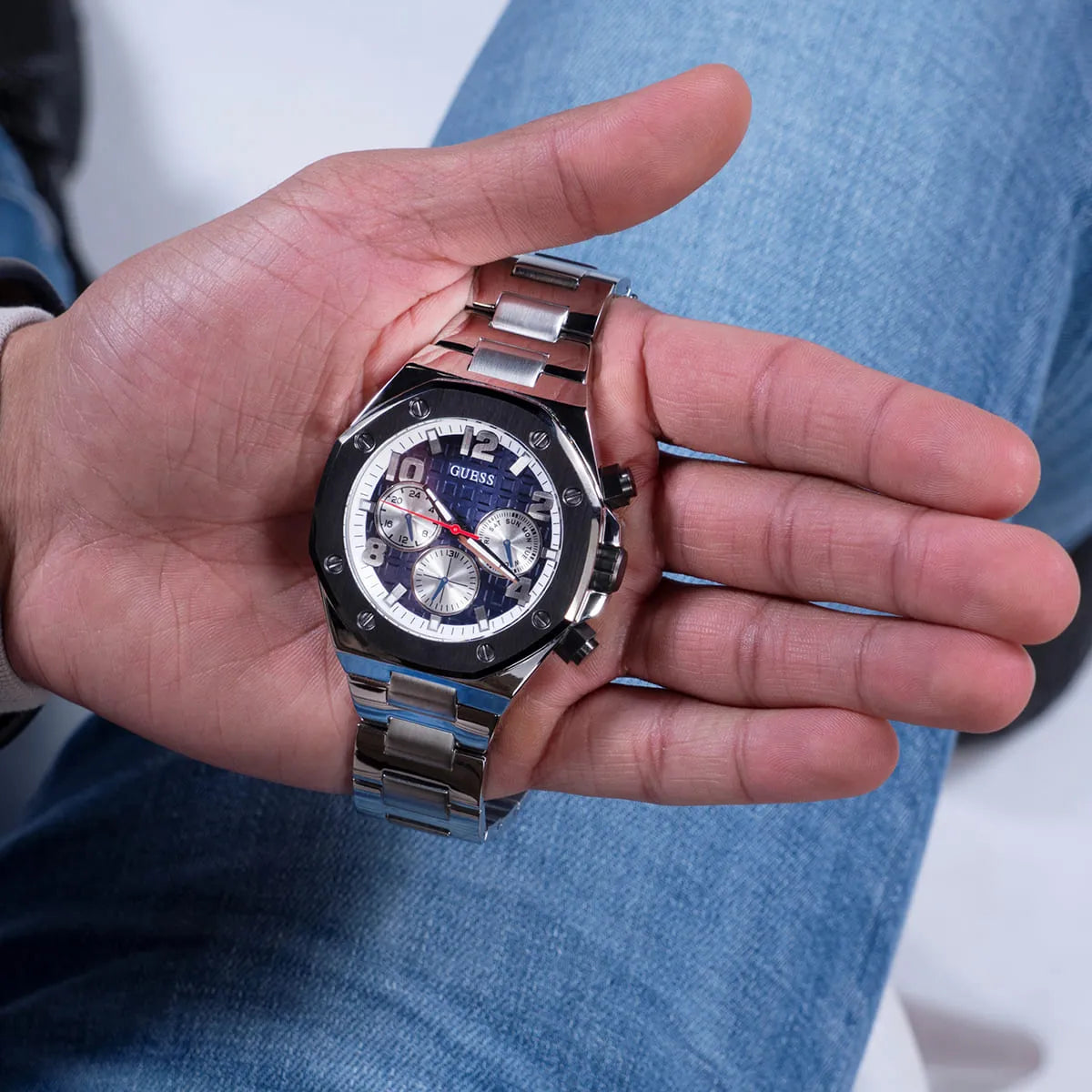Guess Legacy Chronograph worn on wrist showing blue dial and case size