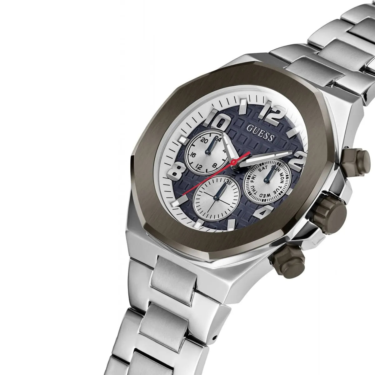 Guess Legacy Chronograph three-quarter view with stainless steel bracelet detail