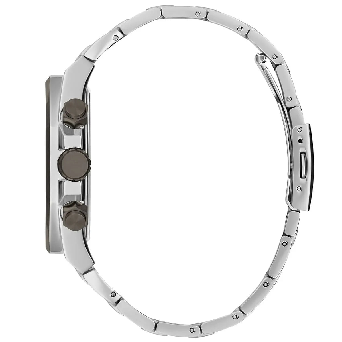 Guess Legacy Chronograph side profile showing chronograph pushers and bracelet