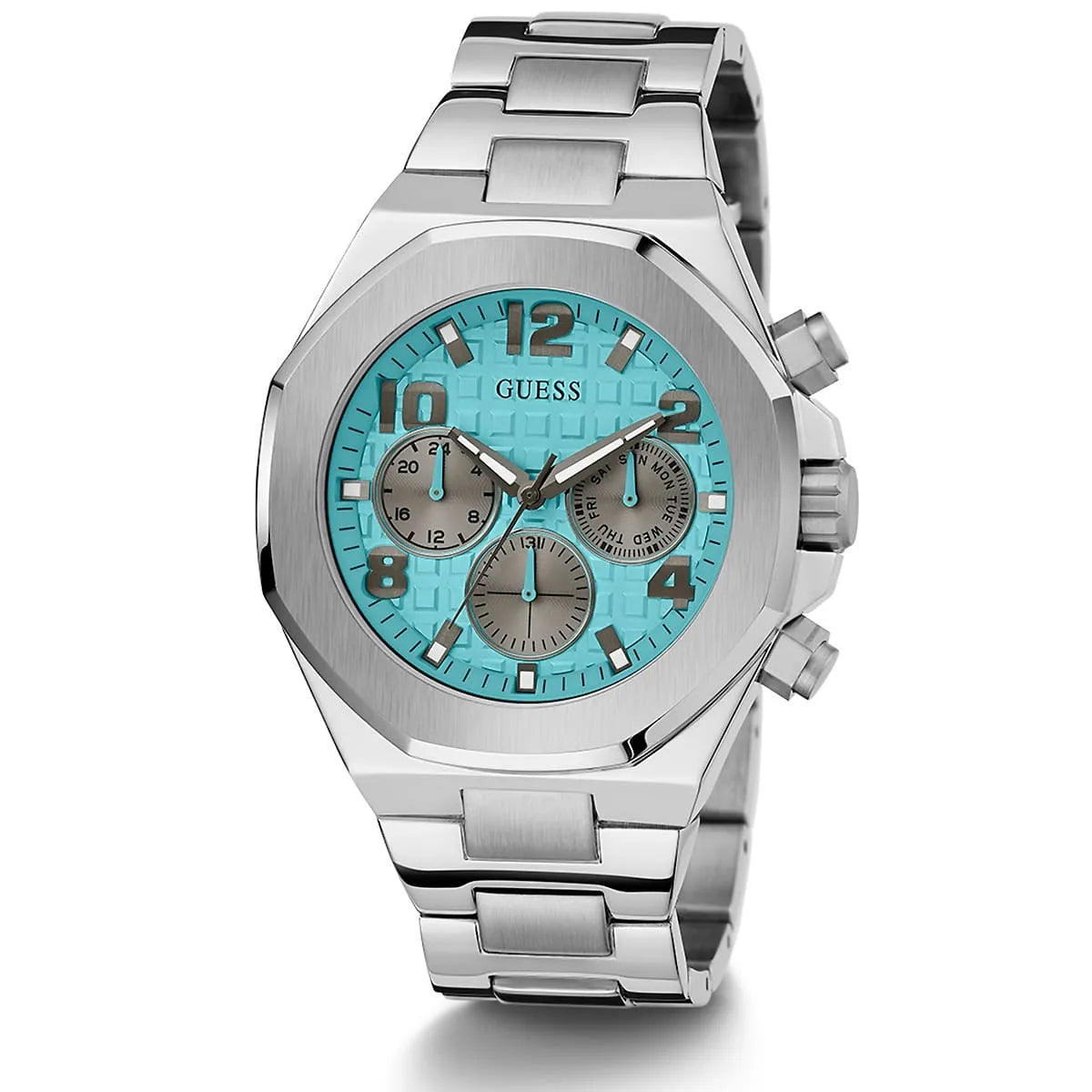 Angled view of Guess GW0489G3 silver chronograph watch with turquoise dial