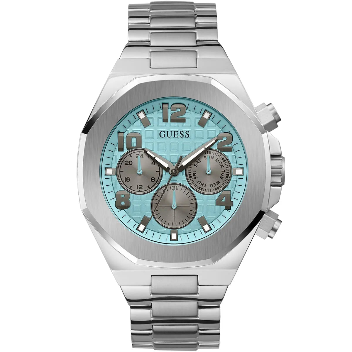 Guess GW0489G3 men's silver watch with turquoise dial and three subdials
