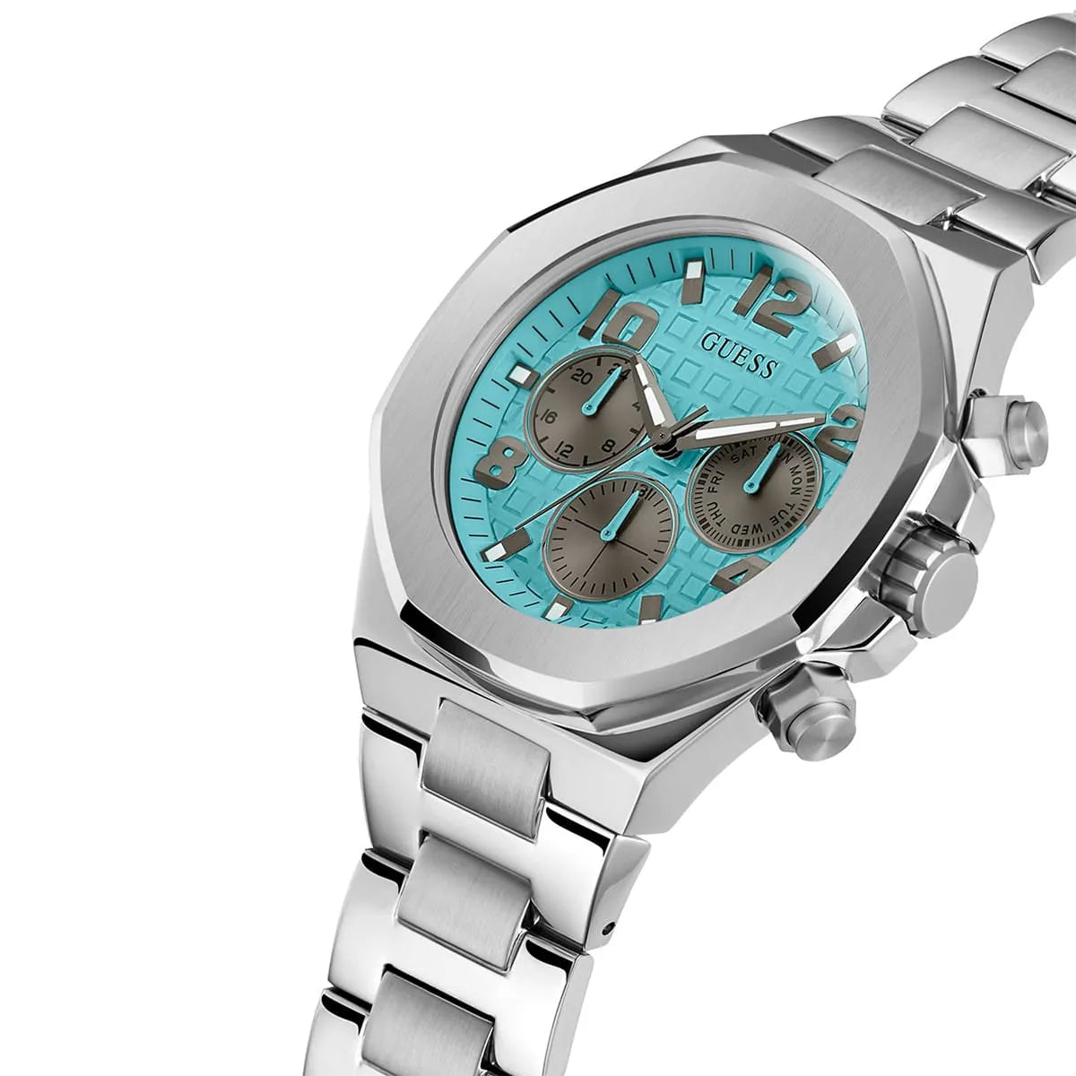 Side view of Guess GW0489G3 silver watch showing case thickness and strap