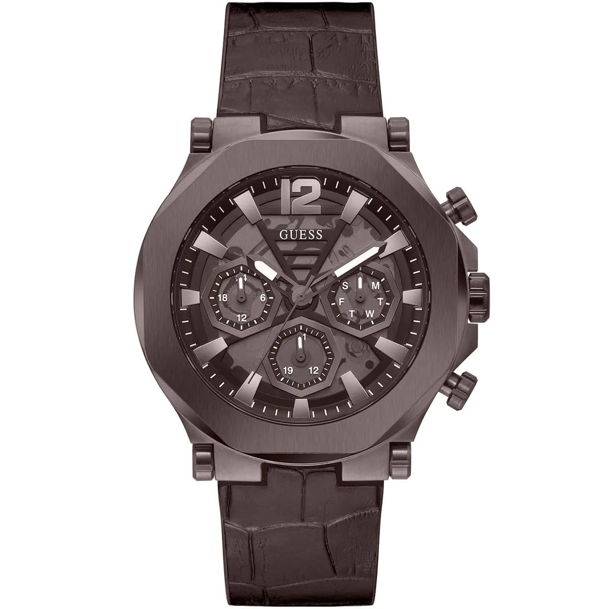 Guess Edge chronograph watch with brown dial, three subdials, and brown leather crocodile-textured strap