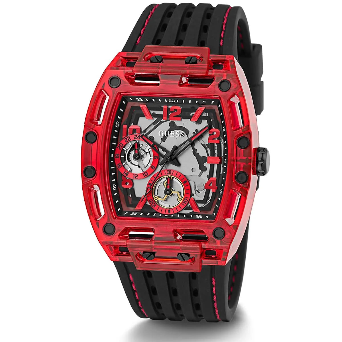 GUESS GW0499G4 red tonneau watch with red accents and black rubber strap, angled view