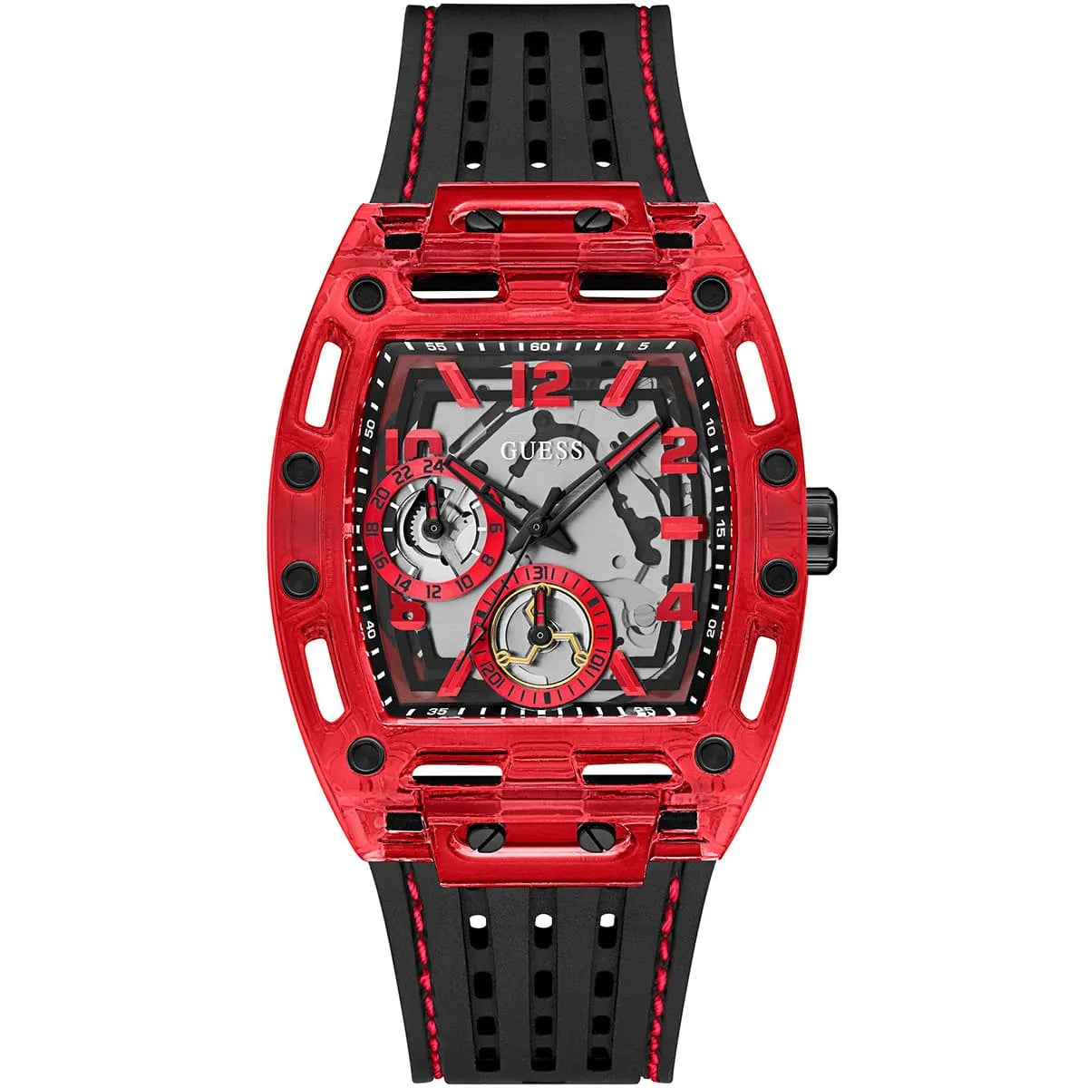GUESS GW0499G4 red square watch with black rubber strap and multi-function dial