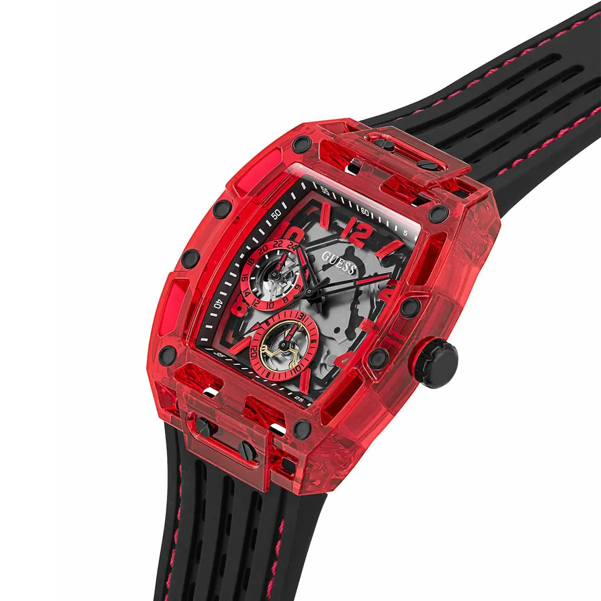 GUESS GW0499G4 side view showing red case and black rubber strap detail