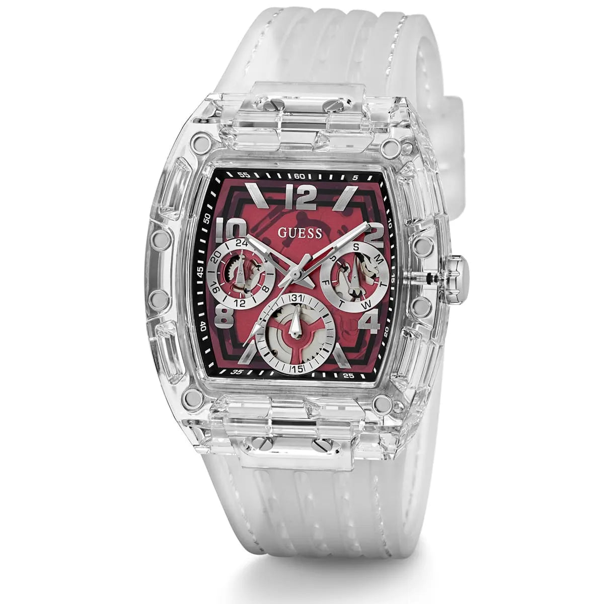 Guess Phoenix watch at three-quarter angle showing square case and transparent strap