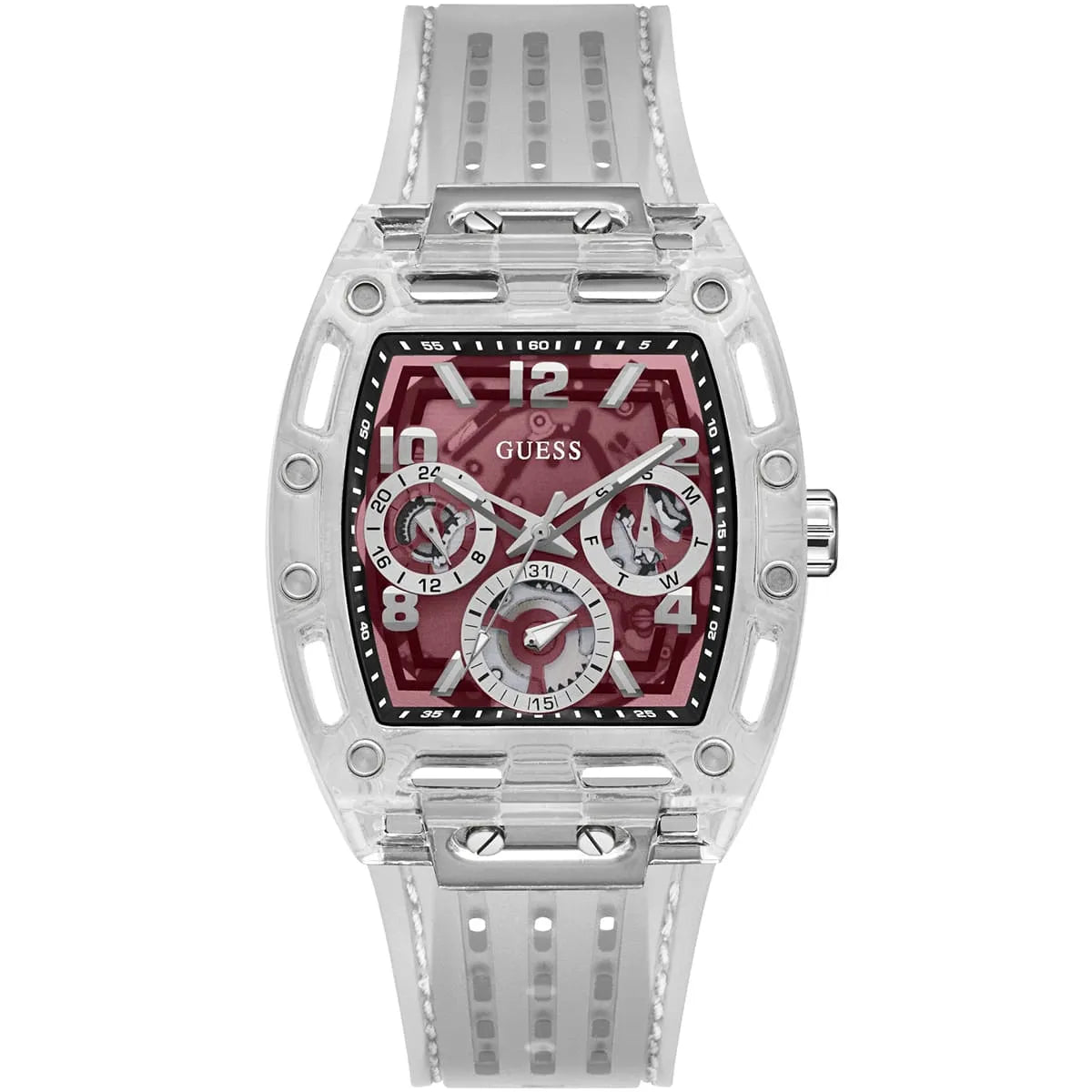 Guess Phoenix men's quartz watch with burgundy dial and transparent silicone strap