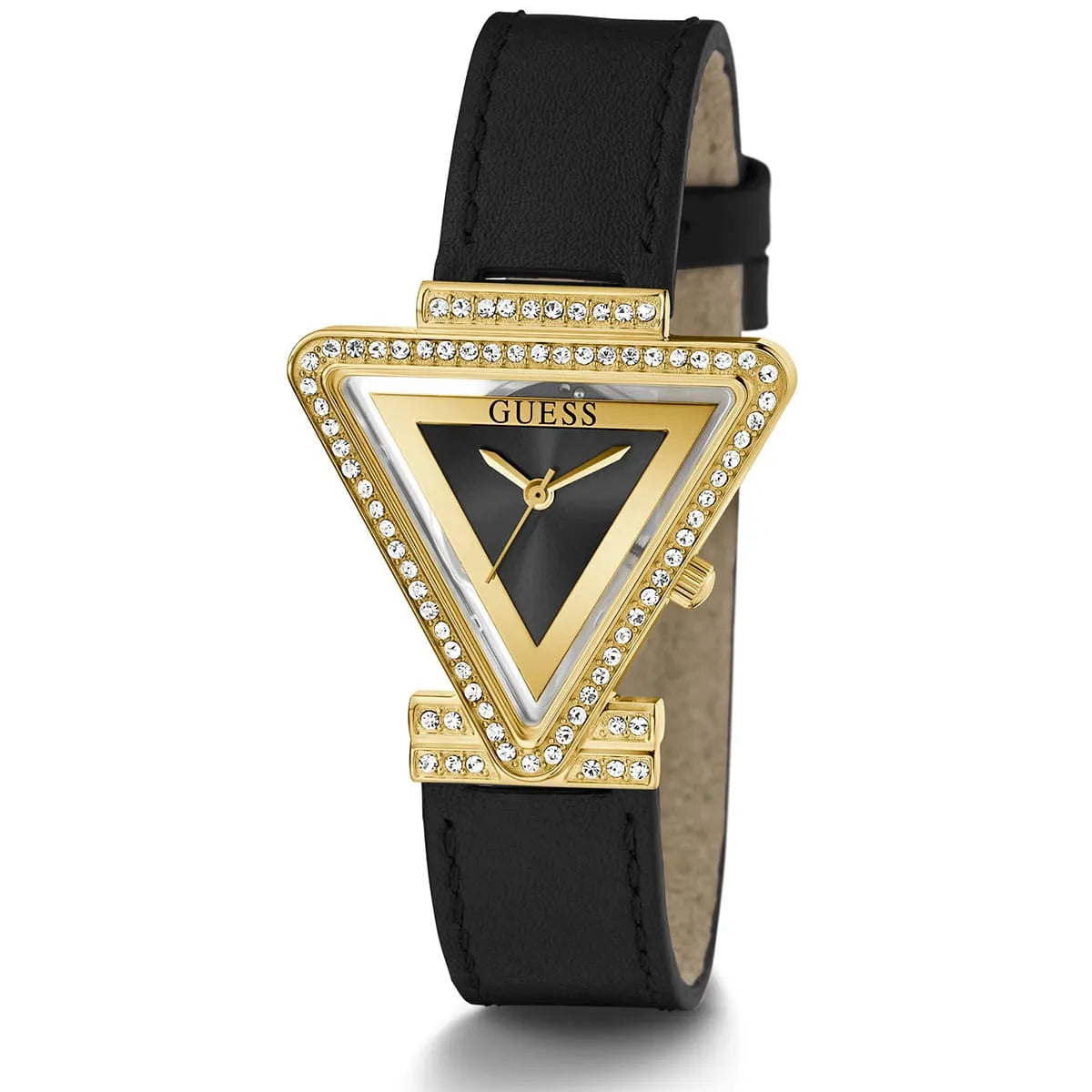 GUESS GW0504L5 watch angled view showing triangular case with crystal embellishments and black leather strap
