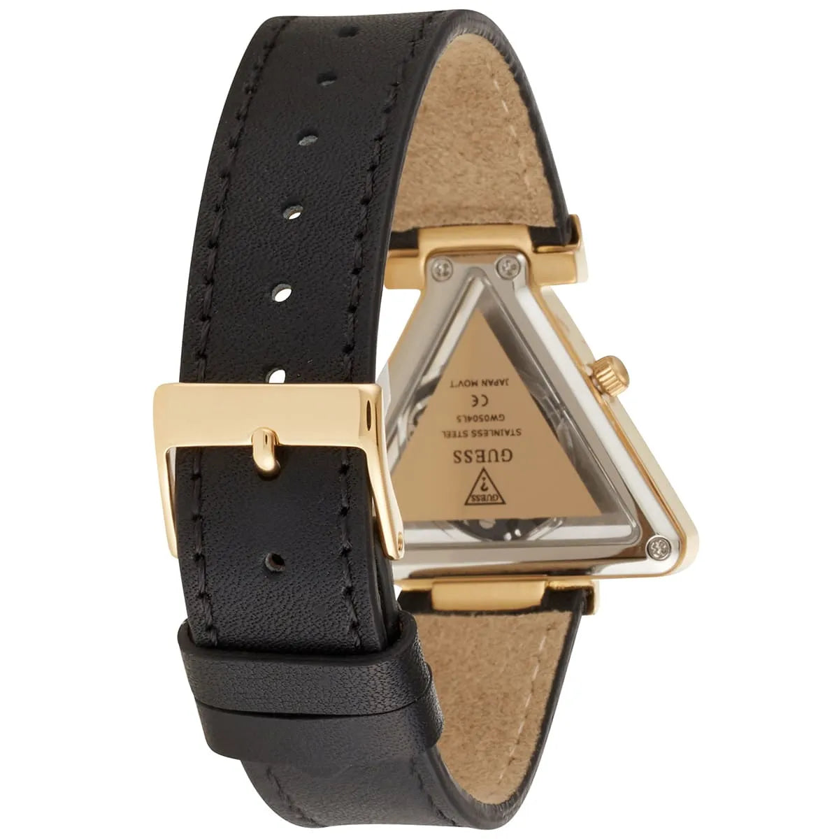 GUESS GW0504L5 caseback showing back of triangular case with model information and specifications