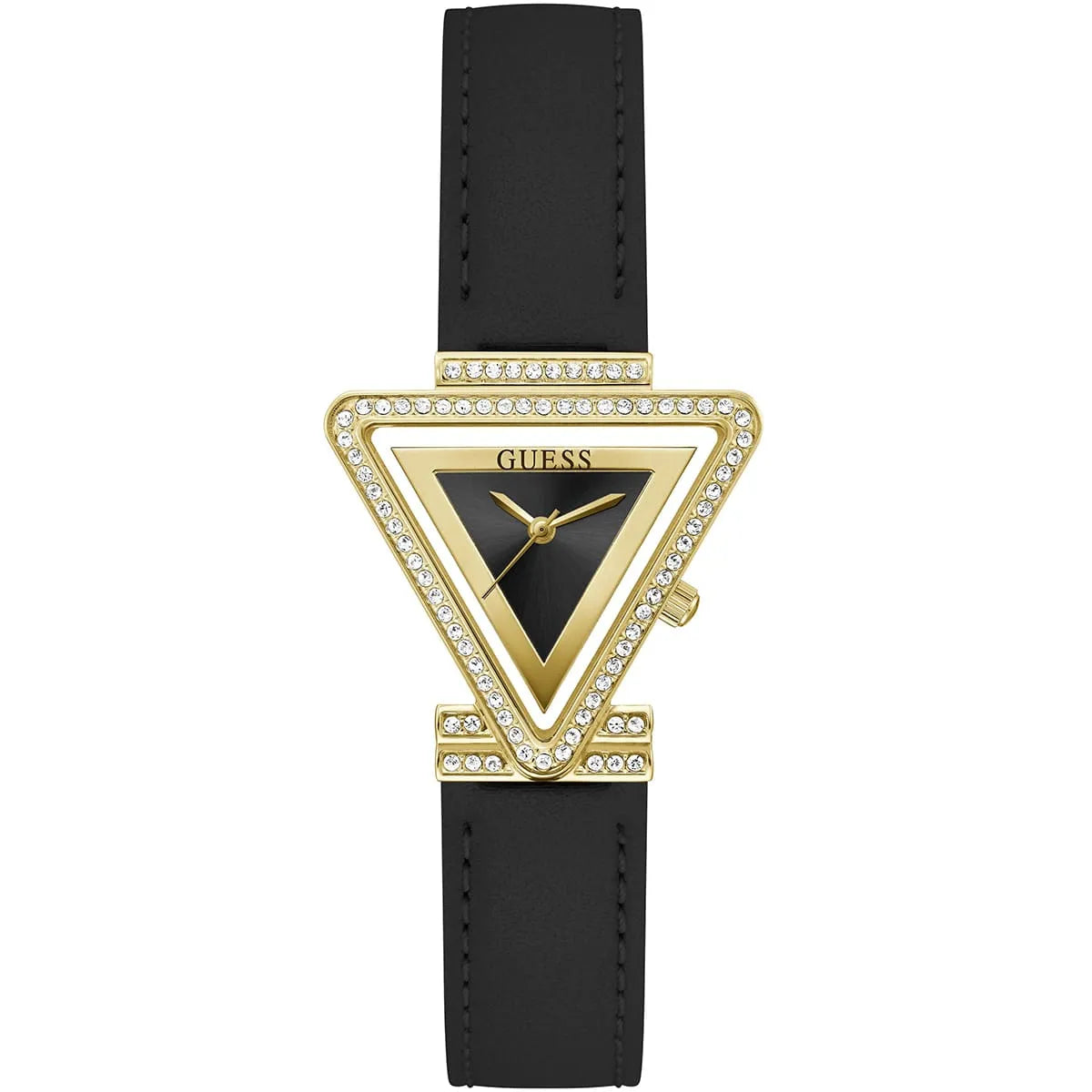 GUESS GW0504L5 gold-tone triangle watch with black dial, crystal-set bezel, and black leather strap