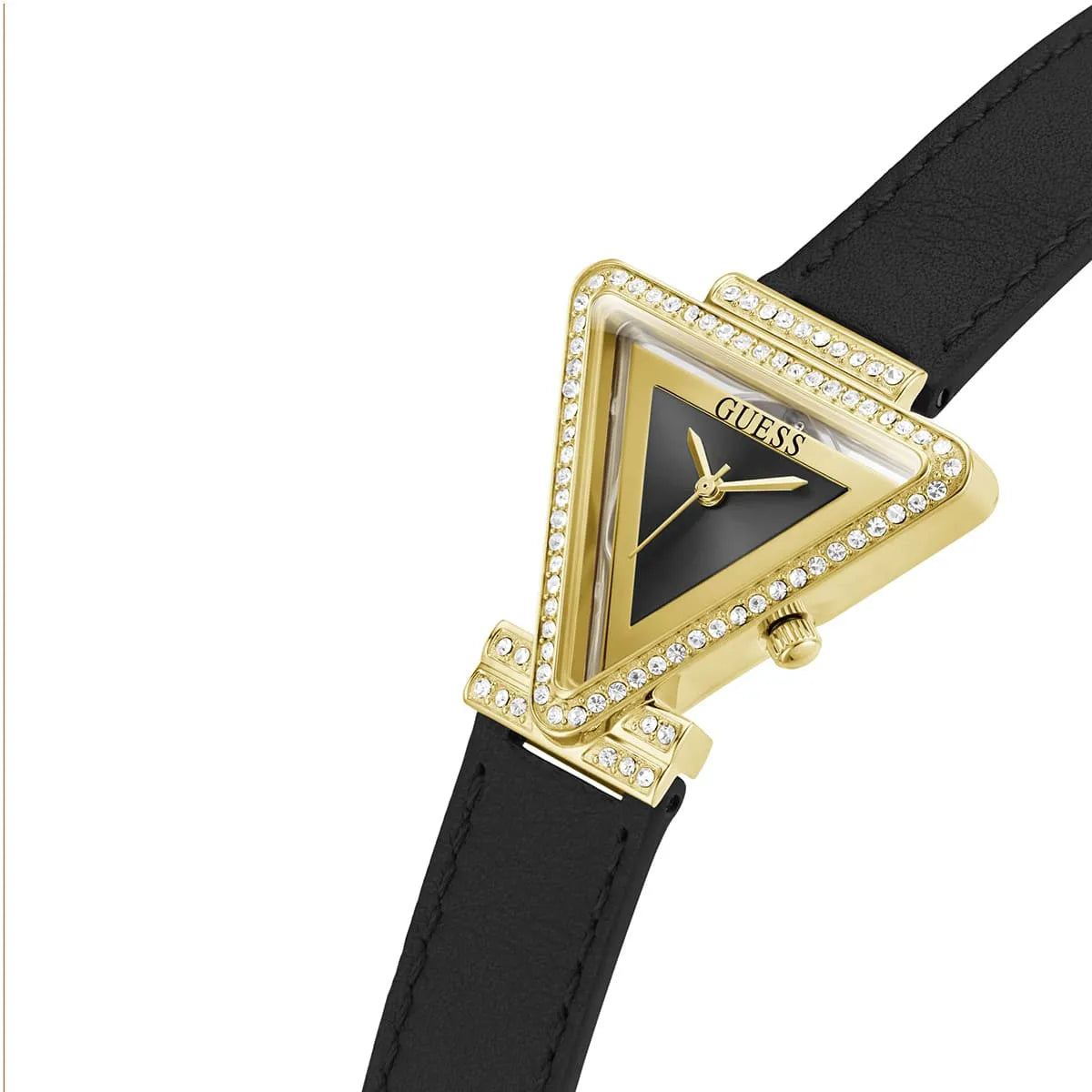 GUESS GW0504L5 watch side detail showing crystal-set triangle bezel with gold-tone finish and black strap