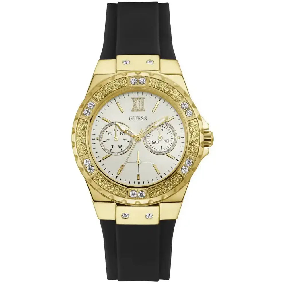 Guess Limelight Crystals women's watch with gold-tone case, crystal bezel, silver dial, and black rubber strap