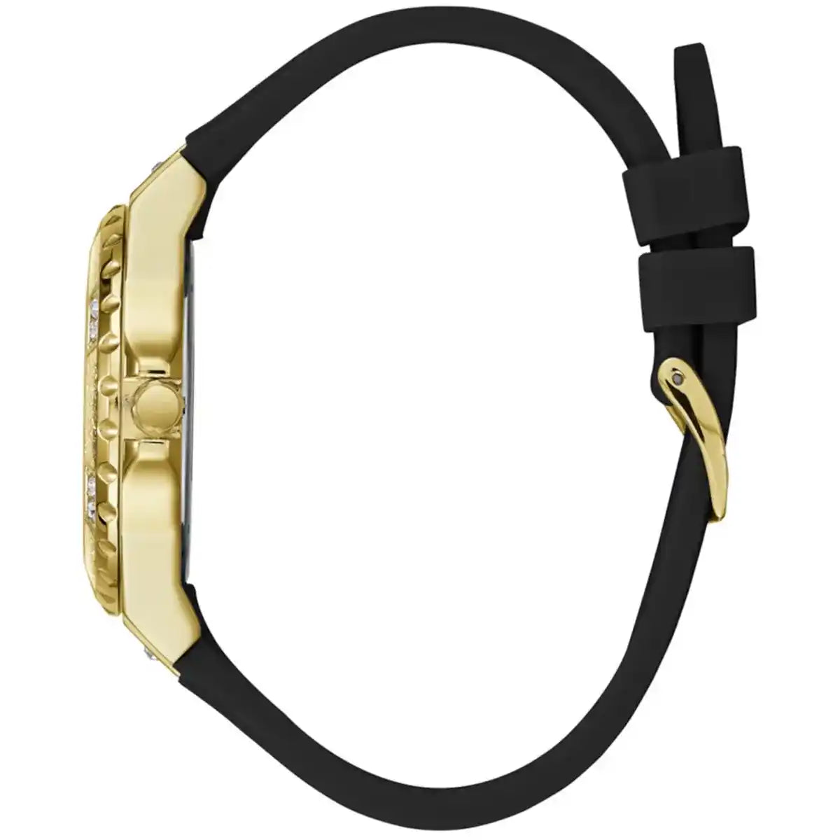 Guess Limelight Crystals watch side view showing gold-tone case with black rubber strap