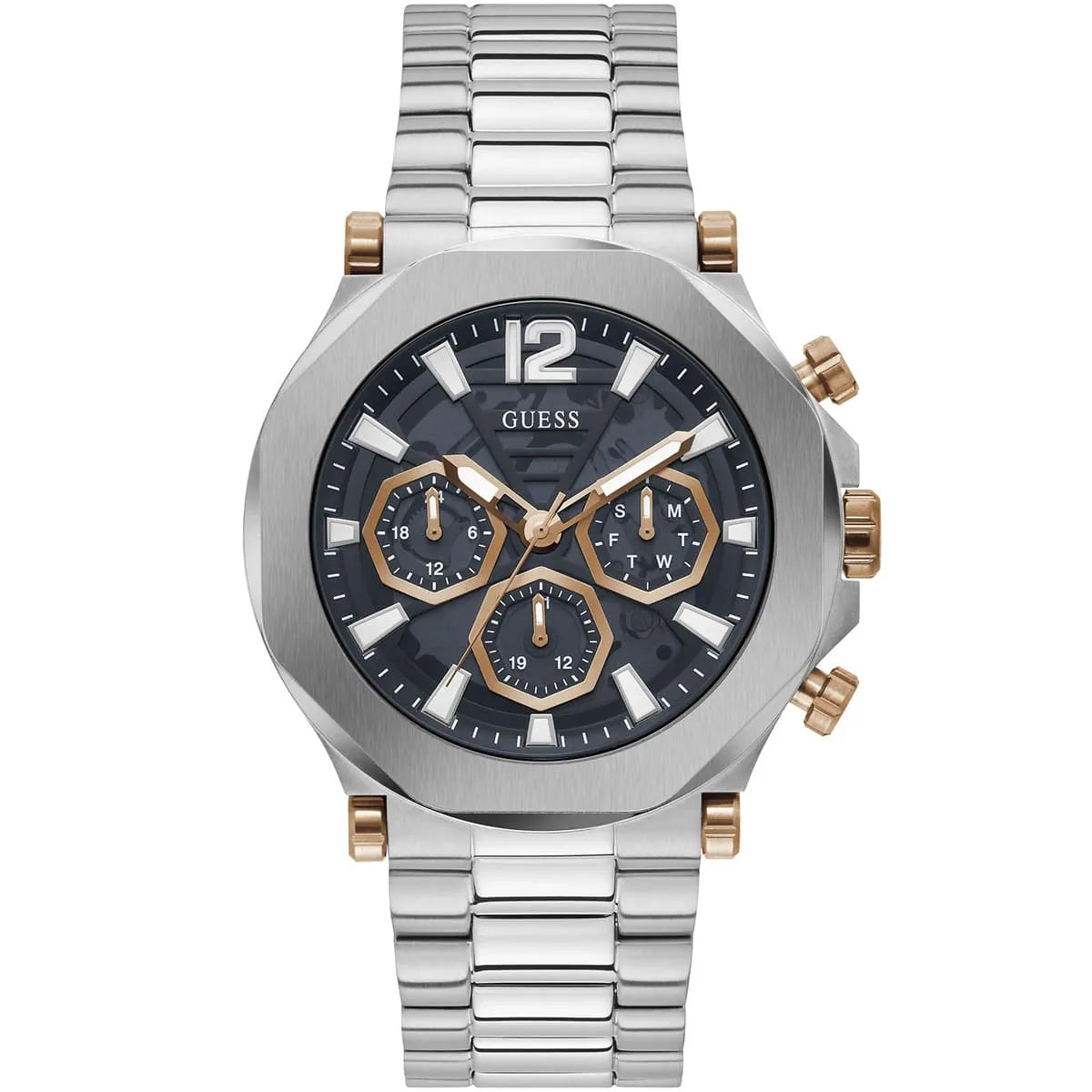 Guess GW0539G1 men's chronograph watch with black dial and rose gold subdials, stainless steel strap