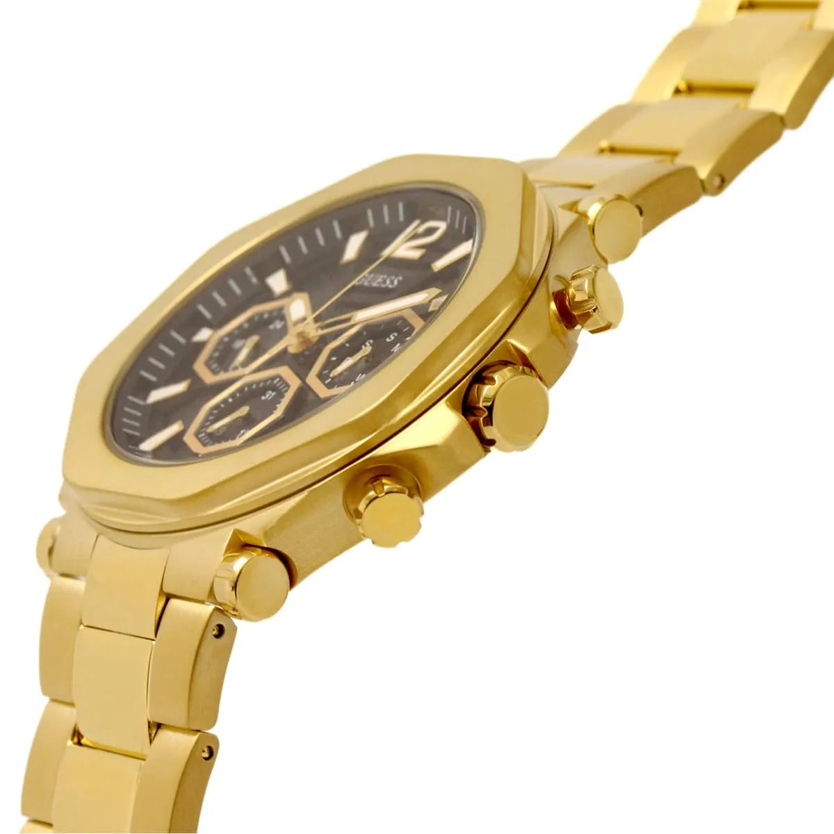 Guess GW0539G2 gold chronograph watch angled side view with visible pushers and strap