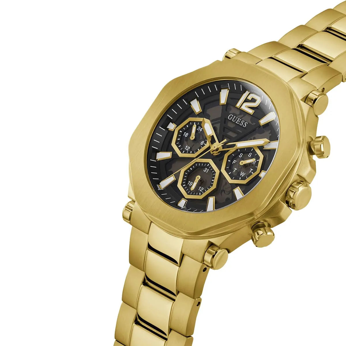 Guess GW0539G2 chronograph watch angled view showing gold tone case and bracelet detail