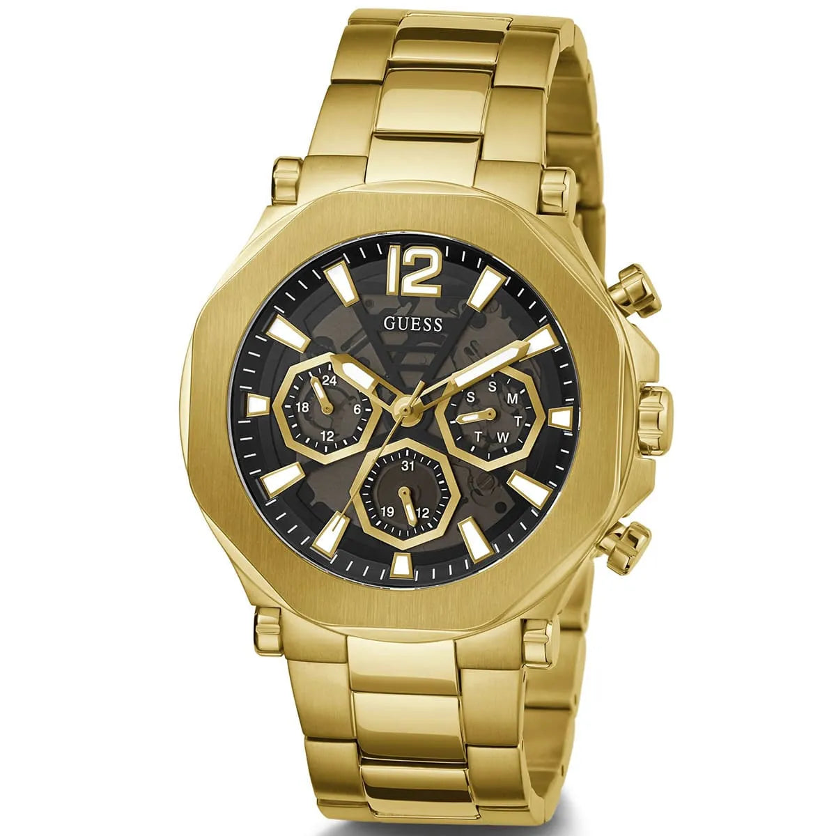 Guess GW0539G2 gold chronograph watch front view with black dial and stainless steel strap