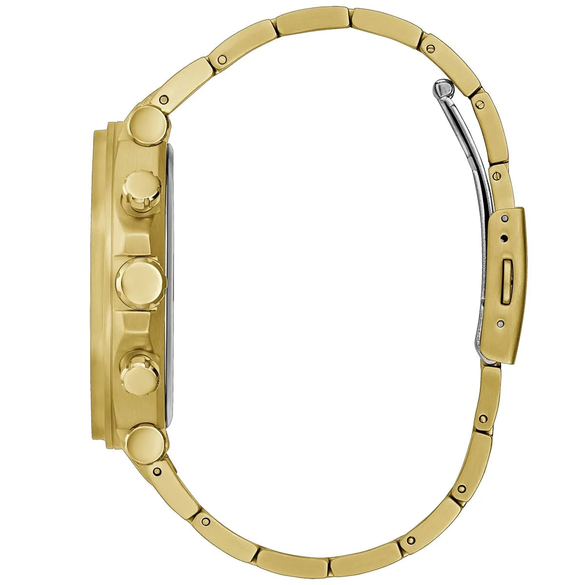 Guess GW0539G2 gold tone stainless steel bracelet side view with chronograph pushers