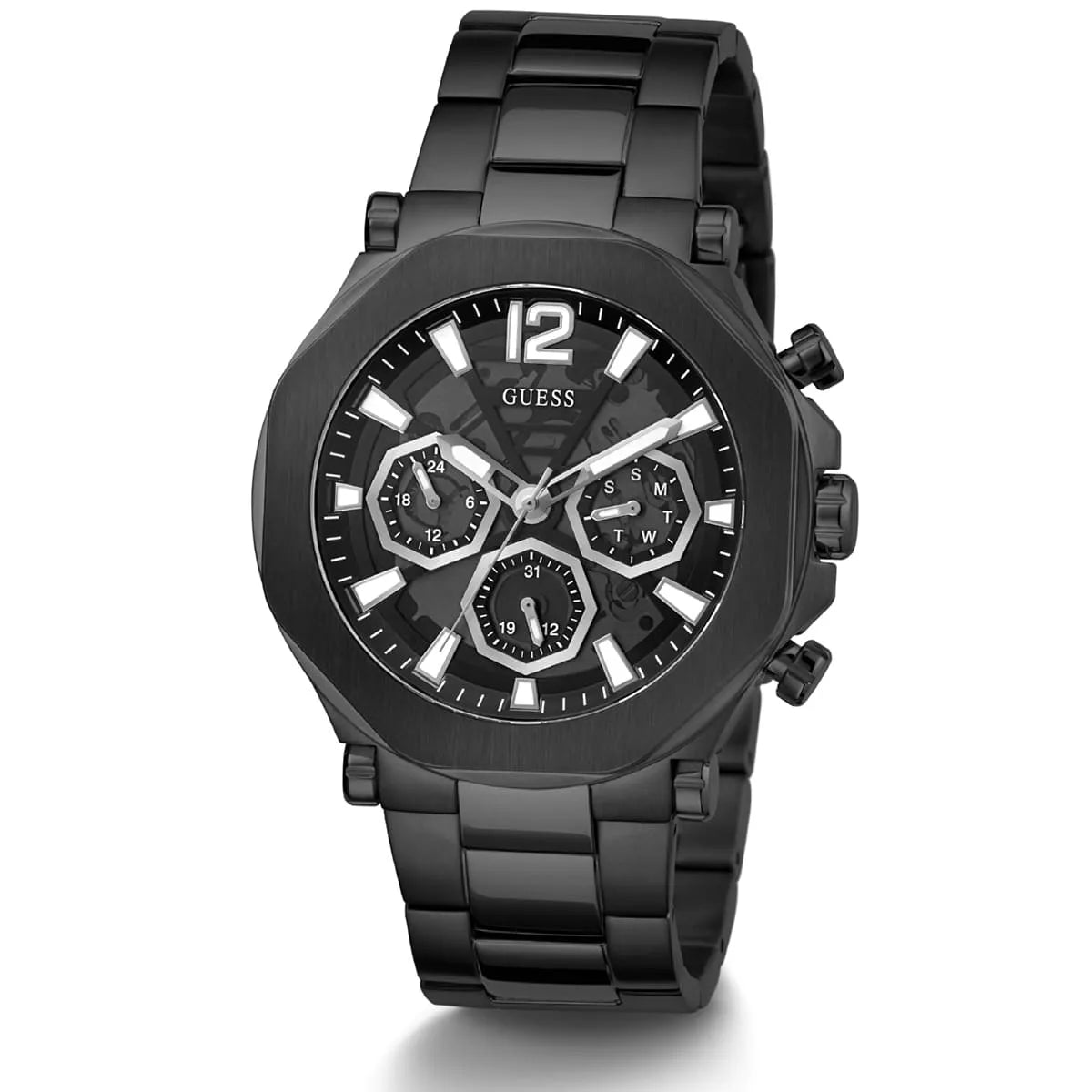 Guess GW0539G3 watch angled view showing black dial and metal bracelet