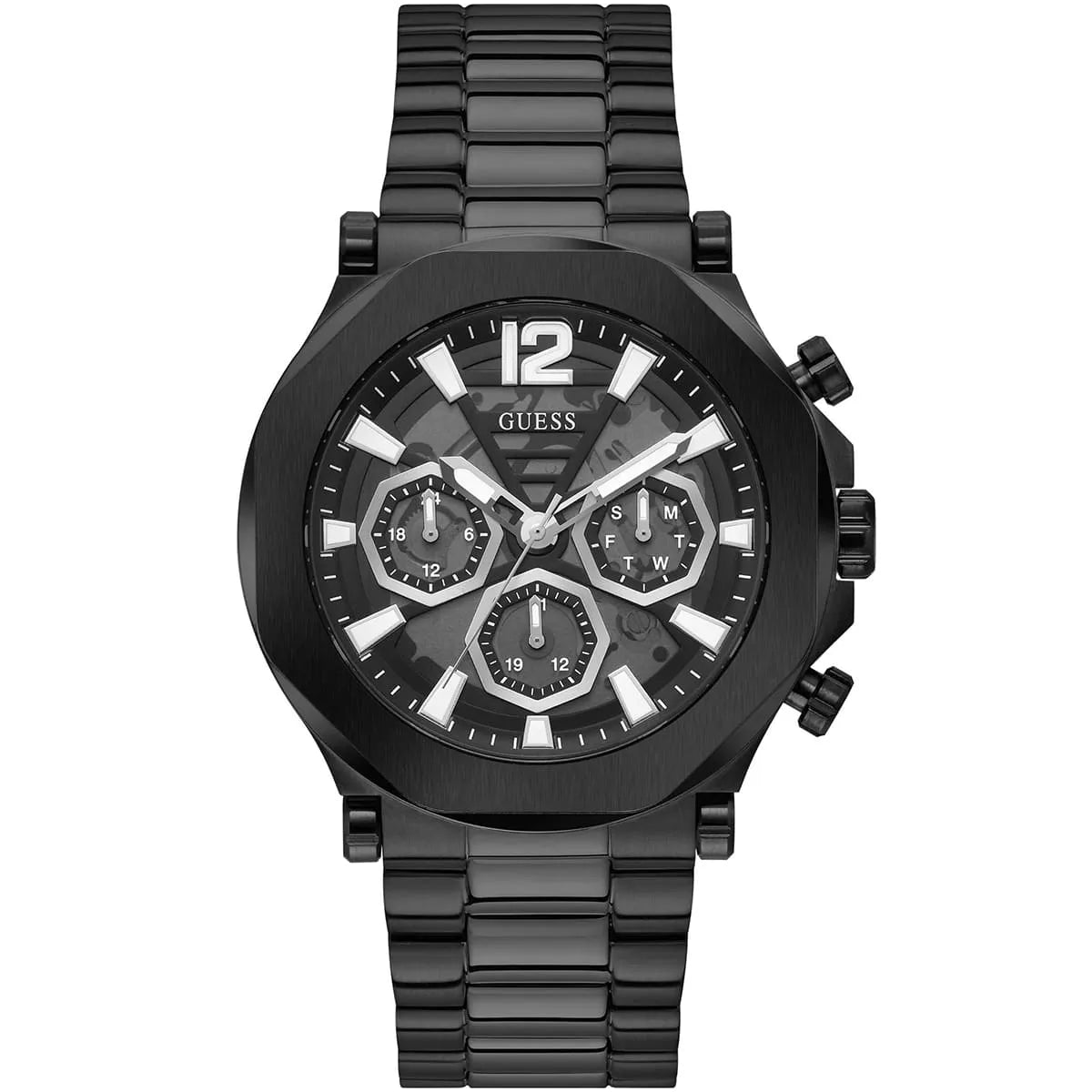 Guess GW0539G3 black chronograph watch front dial view with three subdials