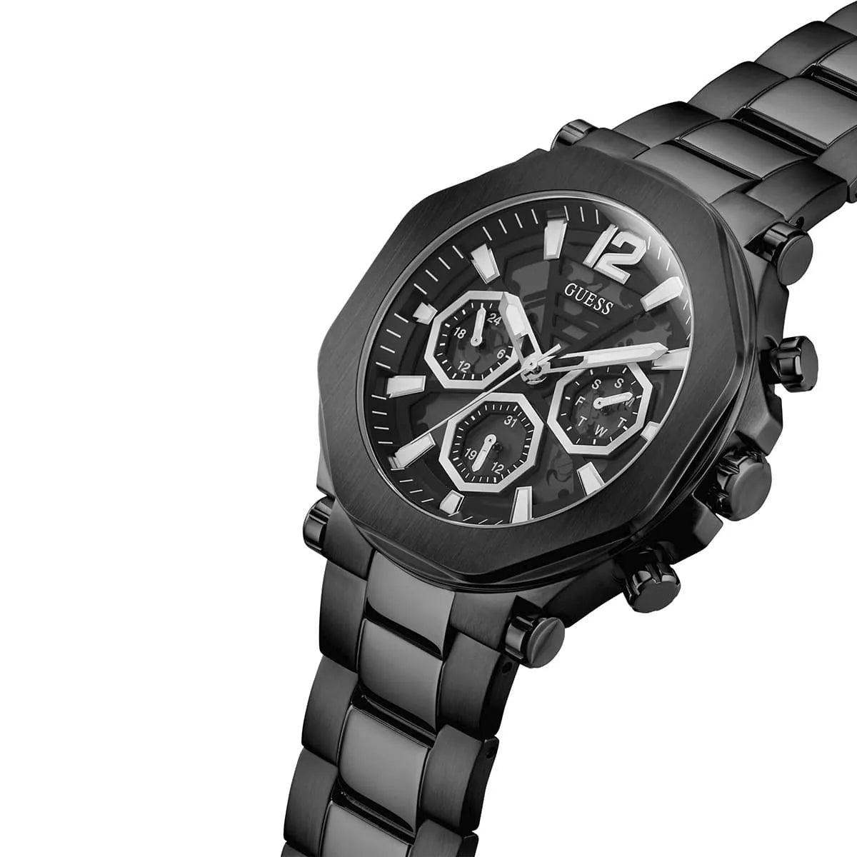 Guess GW0539G3 watch side profile displaying black case and bracelet