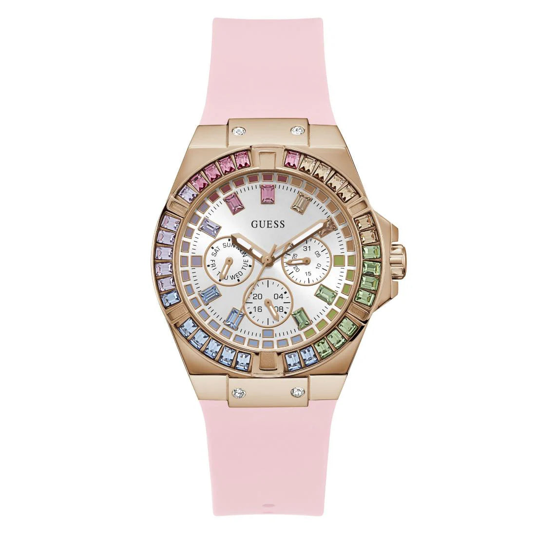 Guess GW0541L2 women's watch with white dial, rose gold case, colorful crystal bezel, and pink strap