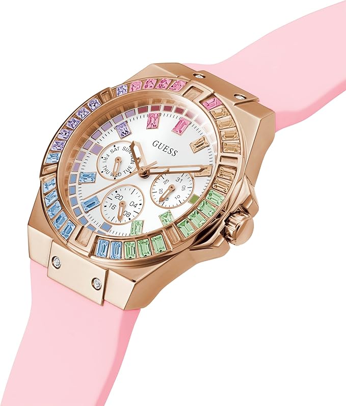 GW0541L2 worn on wrist showing white dial and colorful bezel against pink strap