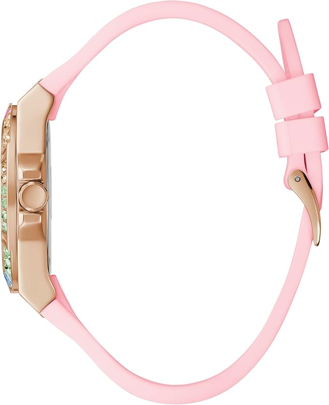 GW0541L2 side view showing pink rubber strap and rose gold case profile