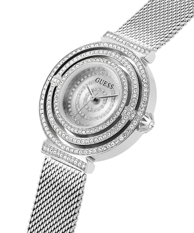 GUESS Dream watch angled view showing circular crystal-set bezel and dial detail