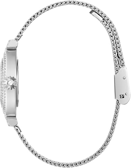 GUESS Dream watch side profile with steel mesh strap and case detail