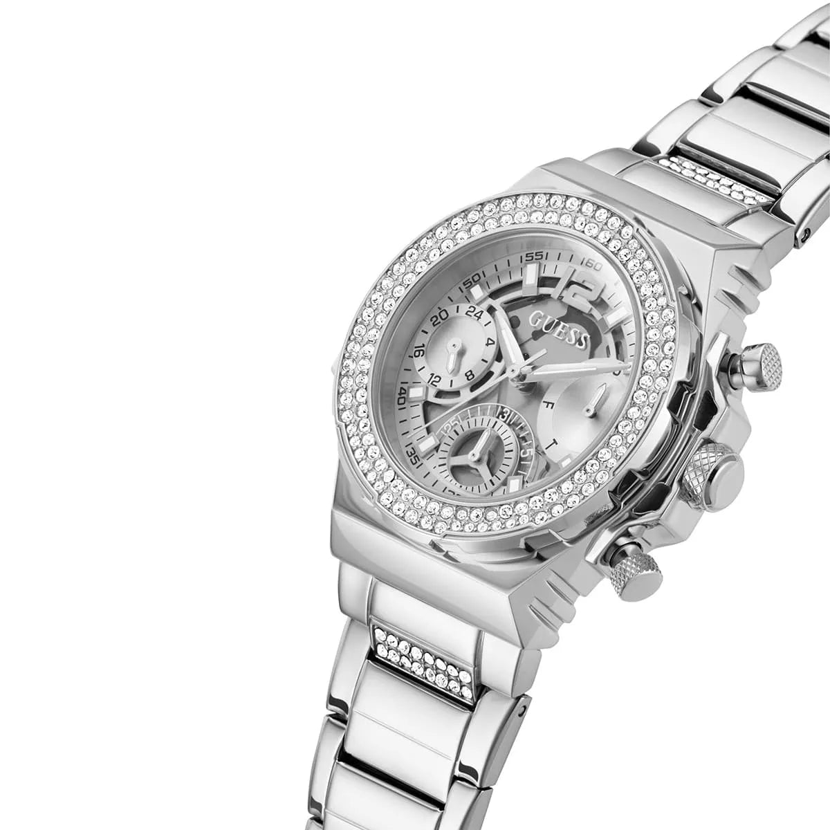 Guess GW0552L1 women's chronograph angled side view displaying stainless steel bracelet and crystal bezel