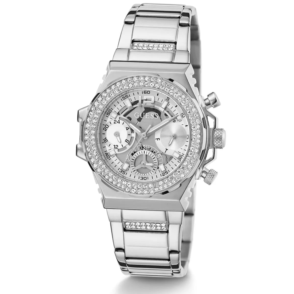 Guess GW0552L1 women's watch angled view showing crystal-embellished bezel, silver dial, and metal bracelet