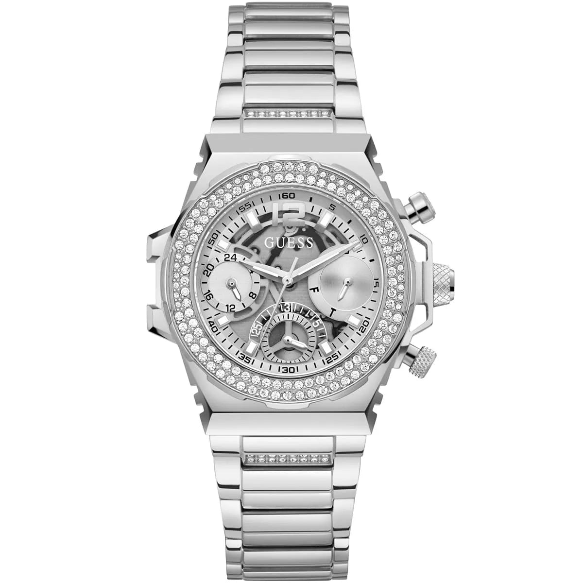 Guess GW0552L1 36mm women's chronograph watch with crystal-set bezel and silver dial, stainless steel bracelet