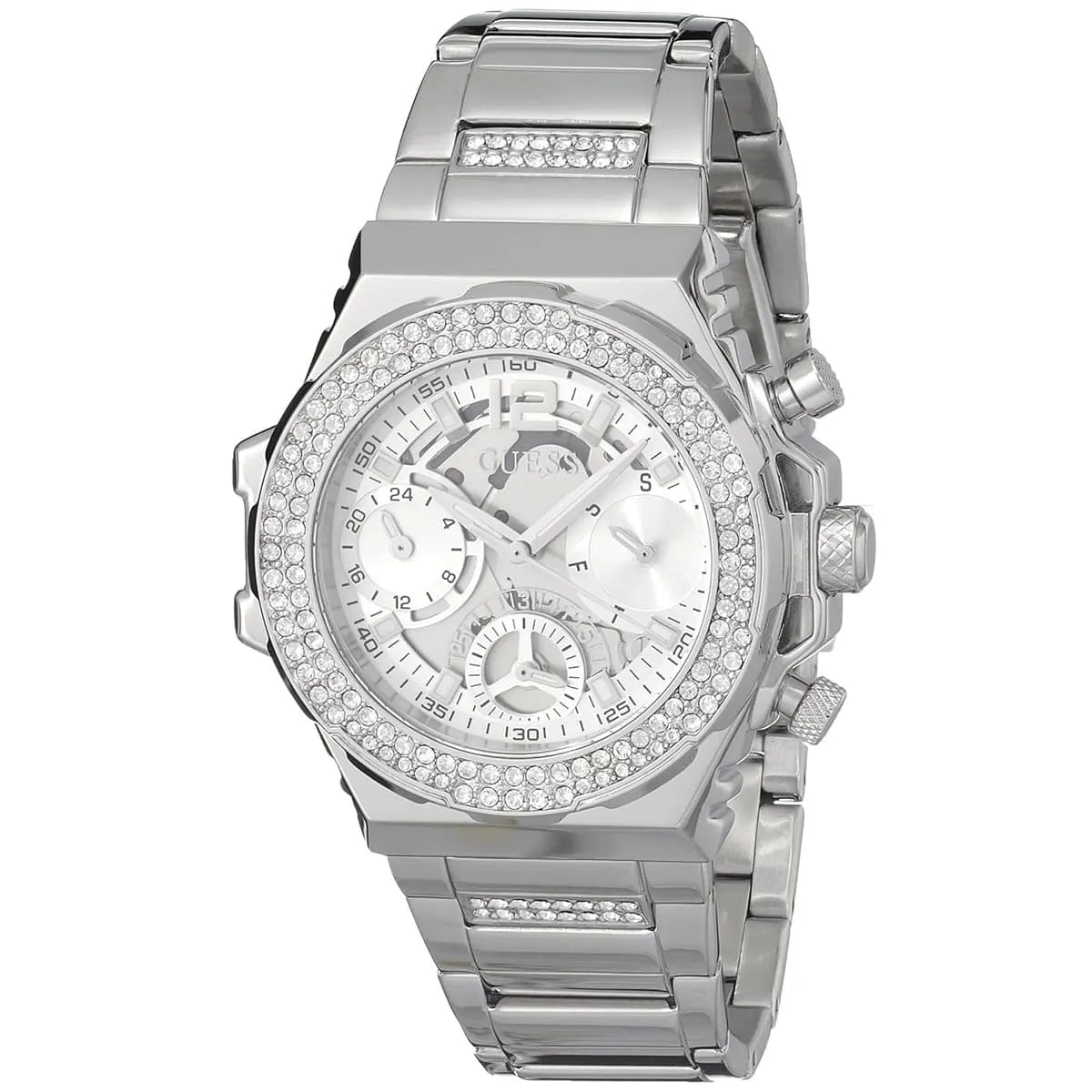 Full view of Guess GW0552L1 36mm women's watch with silver chronograph dial and crystal bezel detail