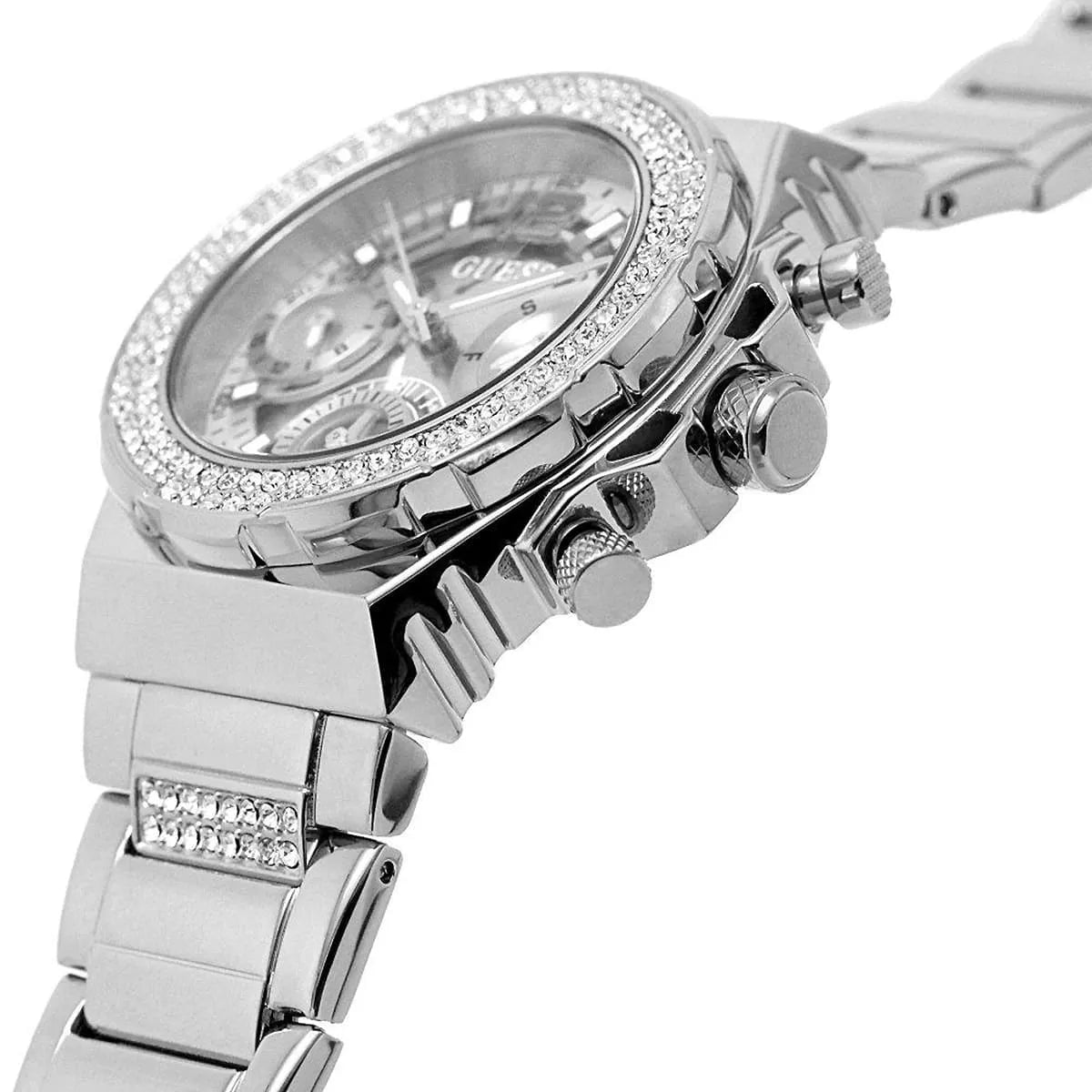 Guess GW0552L1 women's watch on wrist showing dial-detail with chronograph subdials and crystal setting