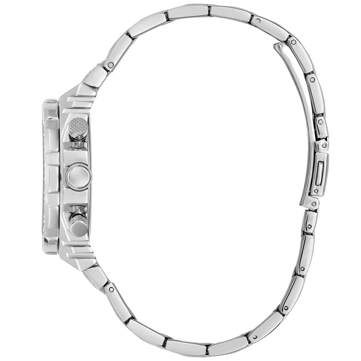 Side profile of Guess GW0552L1 women's watch showing case thickness and stainless steel links